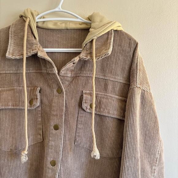 Corduroy Jacket Button Up Hooded Long Sleeve Brown - Womens Size XL - Picture 2 of 7